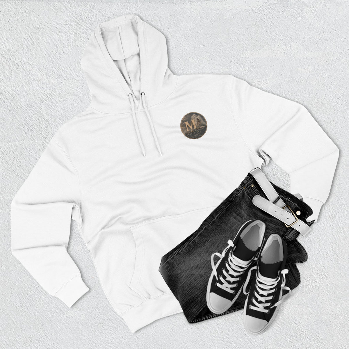 Minimal Monogram Circle Hoodie — Subtle Gold "M" Chest Logo