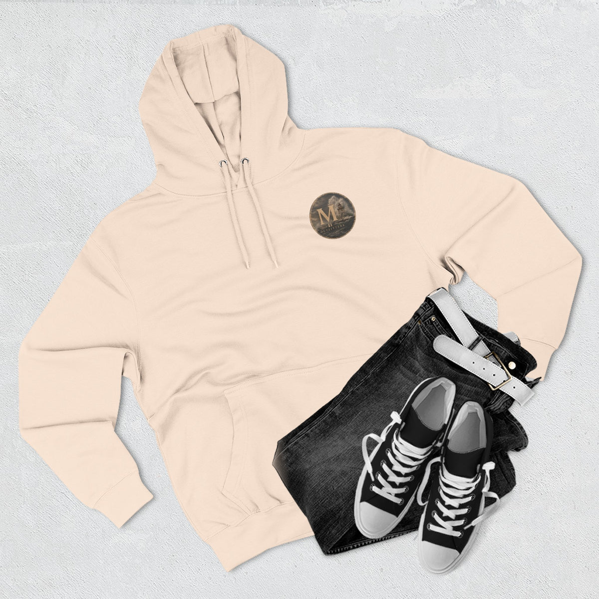 Minimal Monogram Circle Hoodie — Subtle Gold "M" Chest Logo