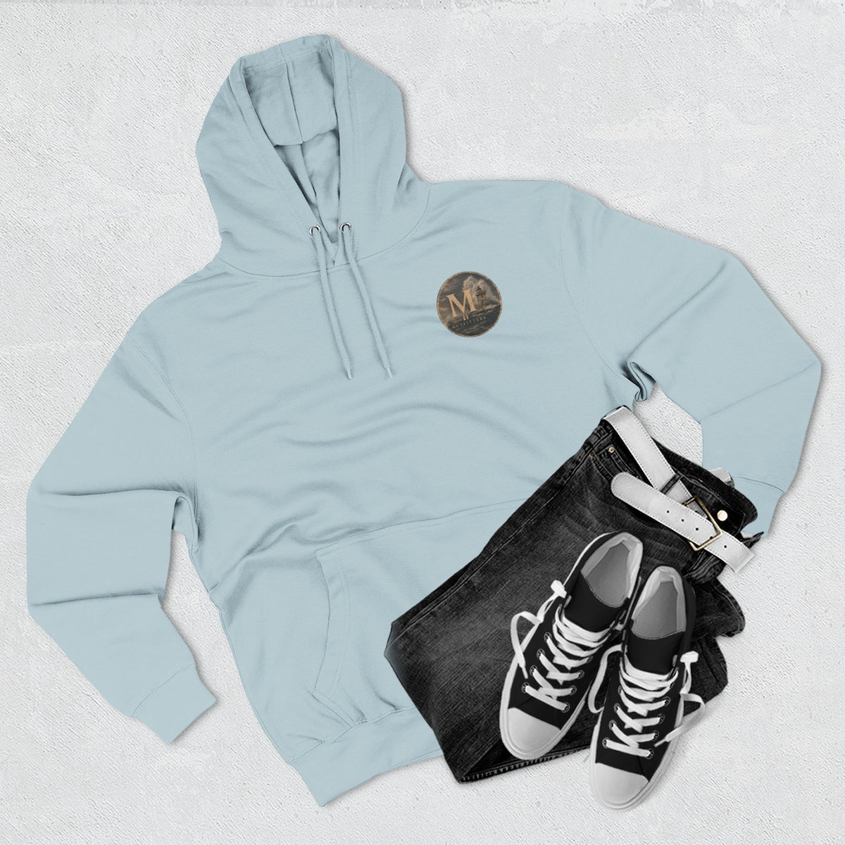 Minimal Monogram Circle Hoodie — Subtle Gold "M" Chest Logo