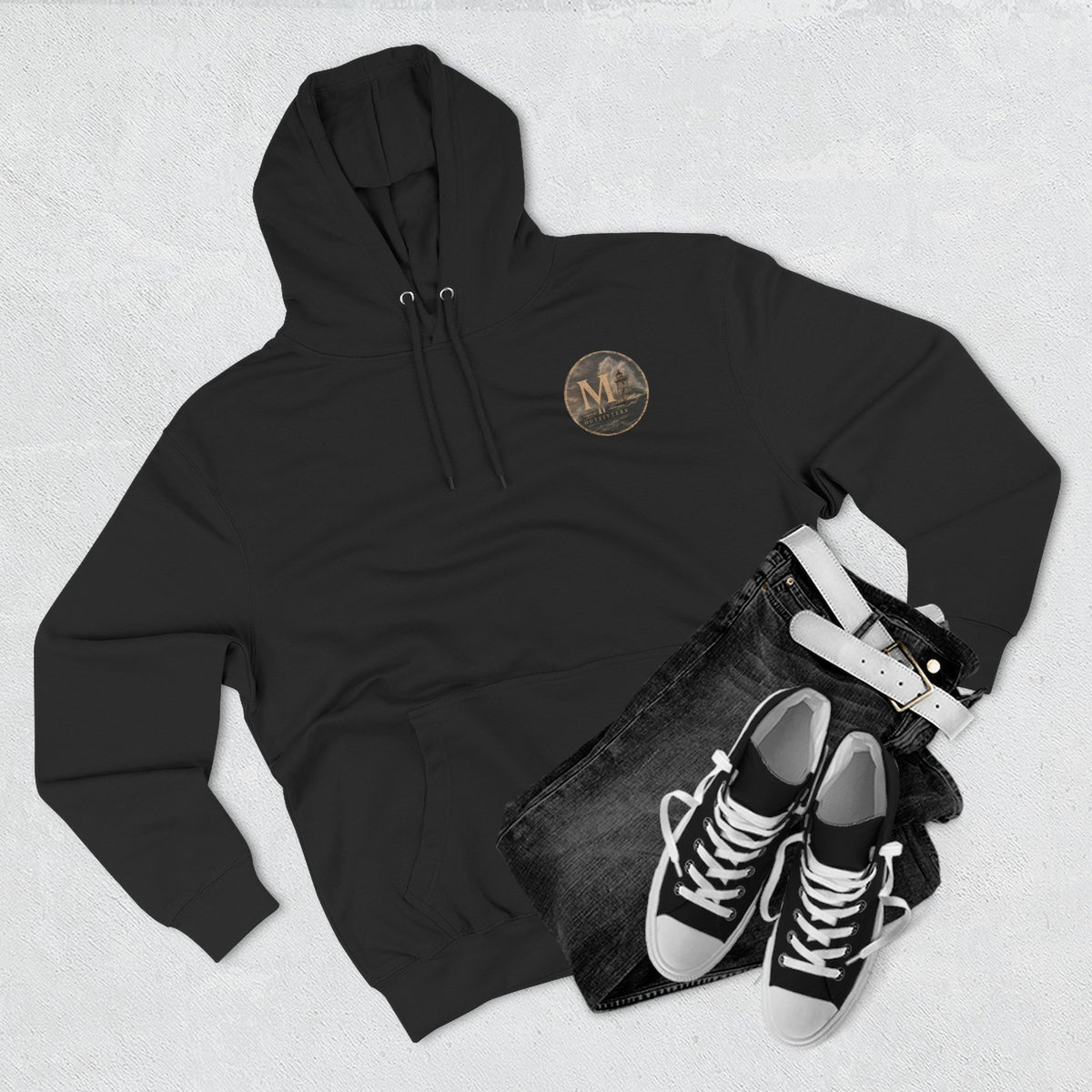 Minimal Monogram Circle Hoodie — Subtle Gold "M" Chest Logo
