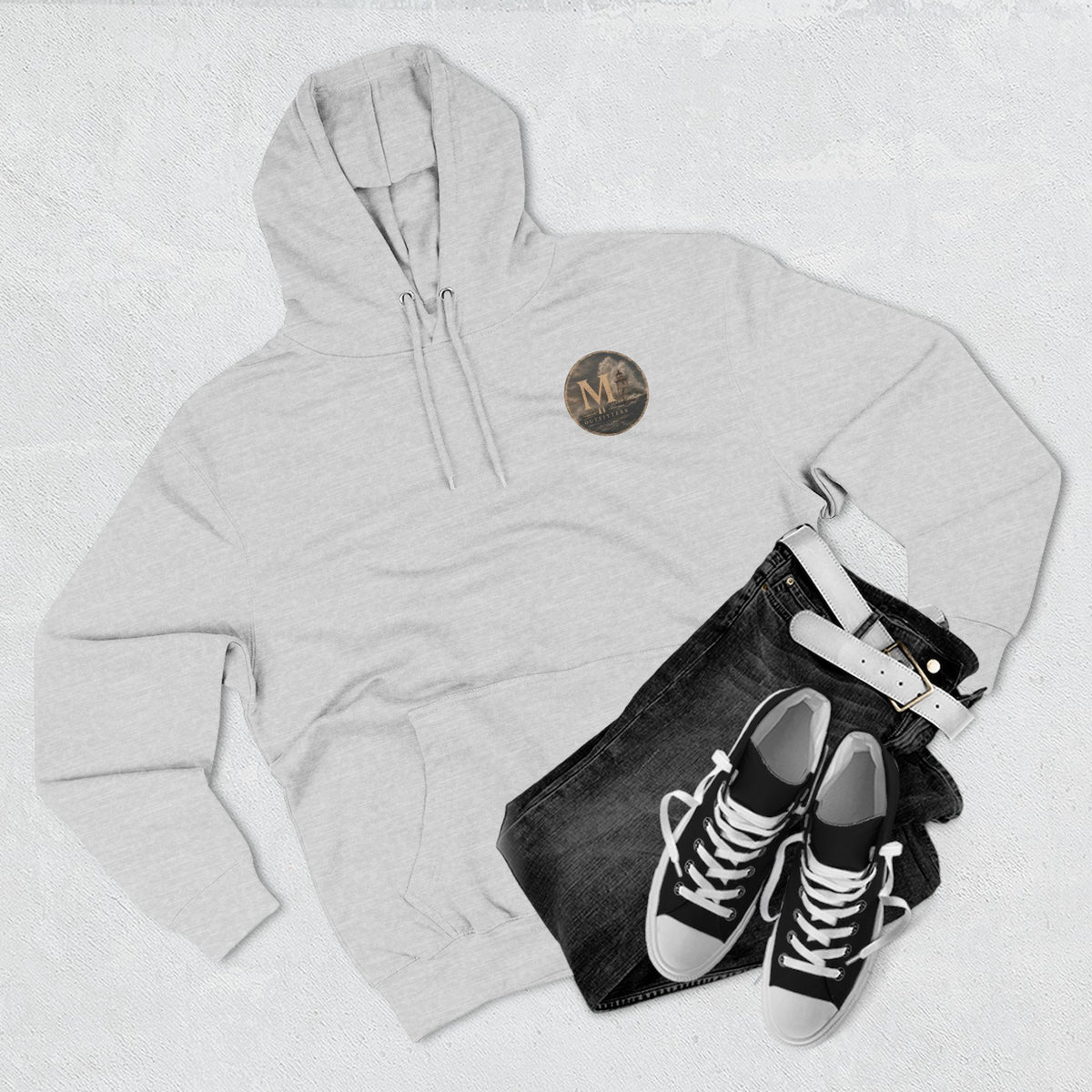 Minimal Monogram Circle Hoodie — Subtle Gold "M" Chest Logo